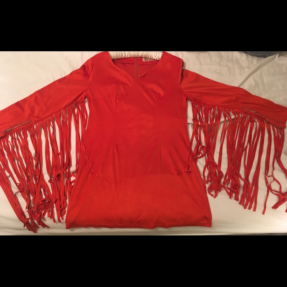 Suede fringe mini dress with zippered sleeves